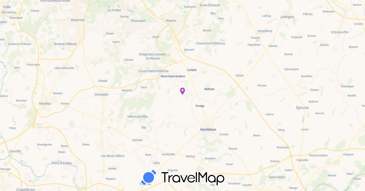 TravelMap itinerary: train in Belgium (Europe)